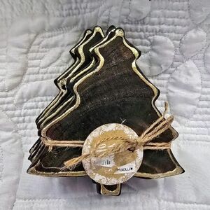 Macy's Wooden Christmas Tree Coaster Set with Gold Trim
